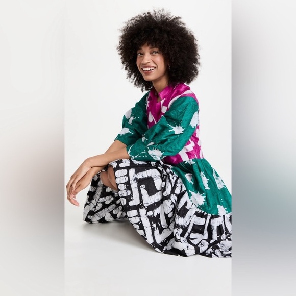 Busayo Tayo Mixed Batik Colors Midi Dress Puff Sleeves Pockets Size Small - Picture 2 of 16